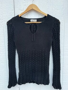 GAS Vintage Black Open Knit Ramie Cotton Sweater Bell Sleeve Y2K Boho